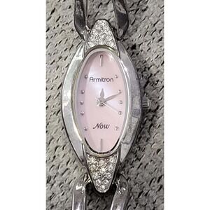 Armitron Now Silver Tone Bangle Watch Pink Face‎ Rhinestone Accent Womens
